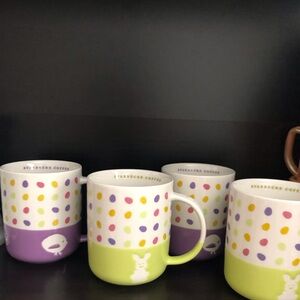Four Starbucks Easter Mugs, Purple & Green Polka Dot Pattern, Bunnies & Chicks.